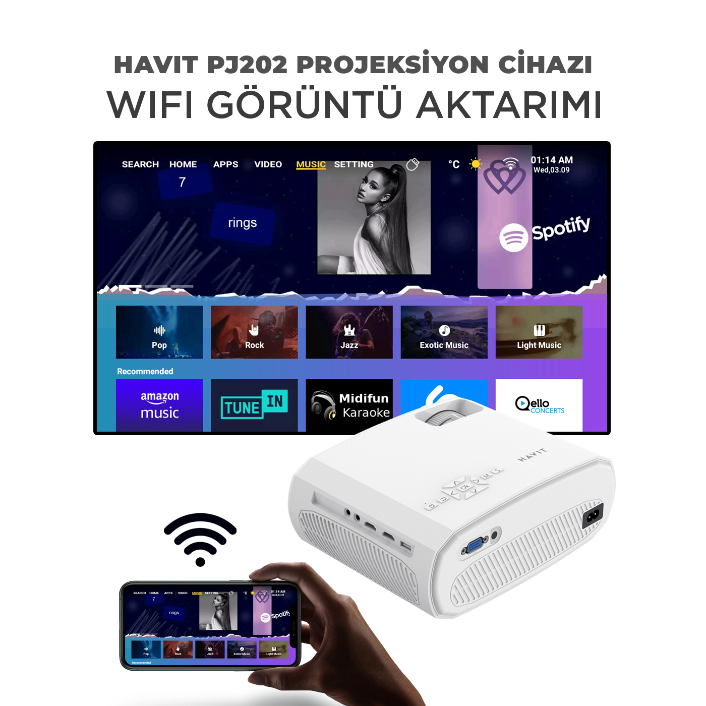 Havit PJ202 Full HD 1080P Taşınabilir Projeksiyon Cihazı - Wifi, 220 Ansi, Bluetotoh, Screen Mirror