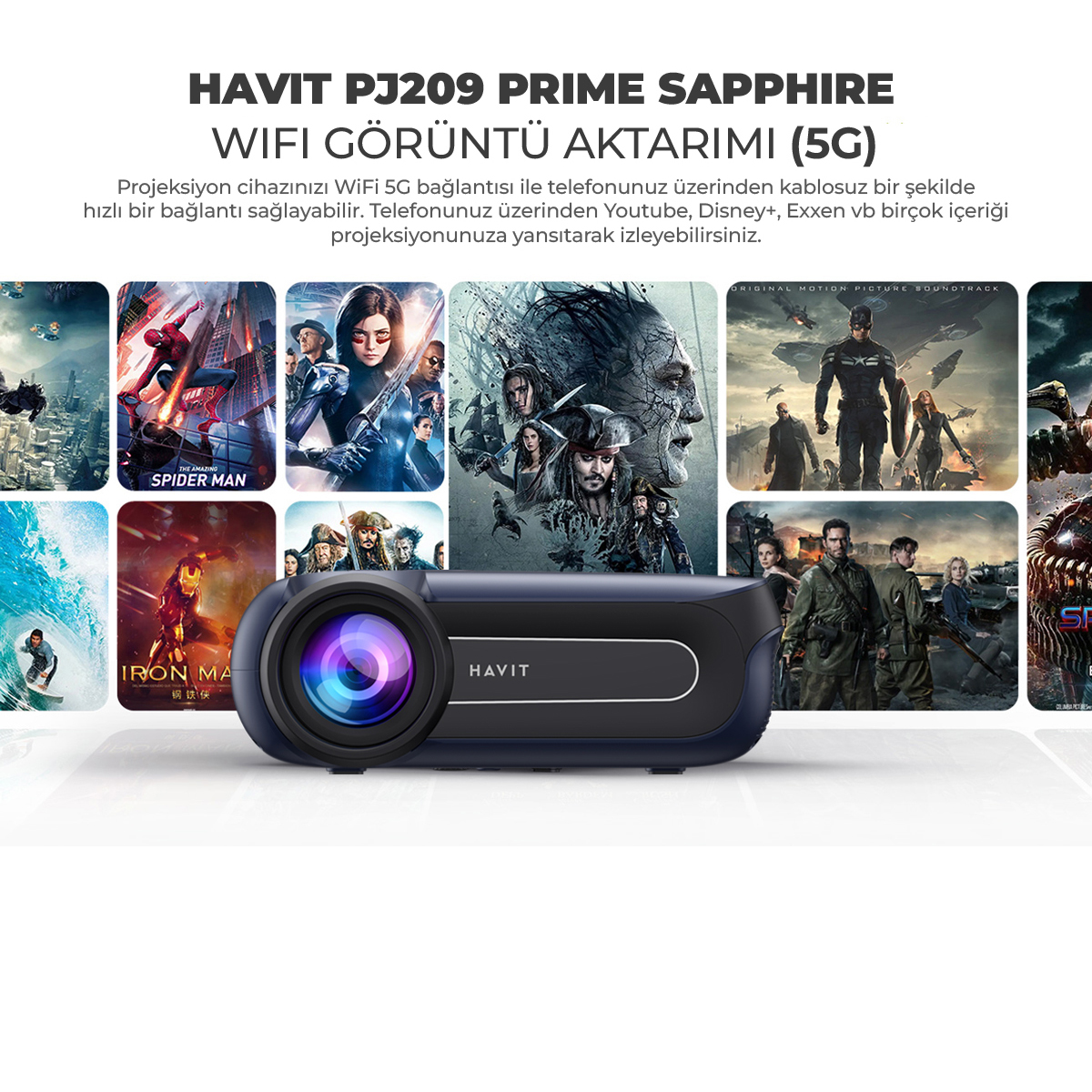 Havit PJ209 Prime Sapphire Full HD 1080P Projeksiyon Cihazı - 350 Ansi, Wifi Görüntü Aktarımı 5G